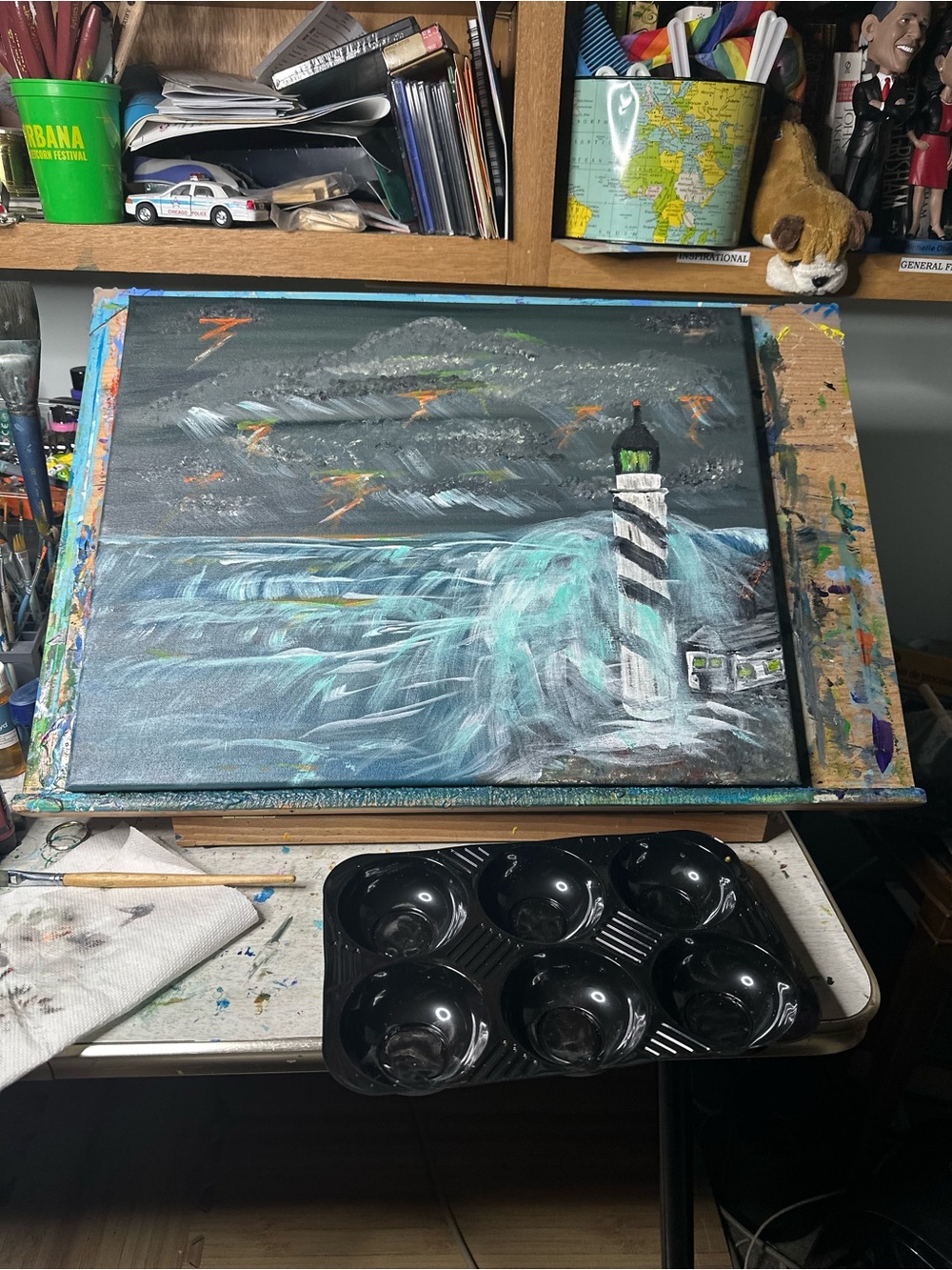 Coastal Lighthouse Canvas Painting in Black and Teal